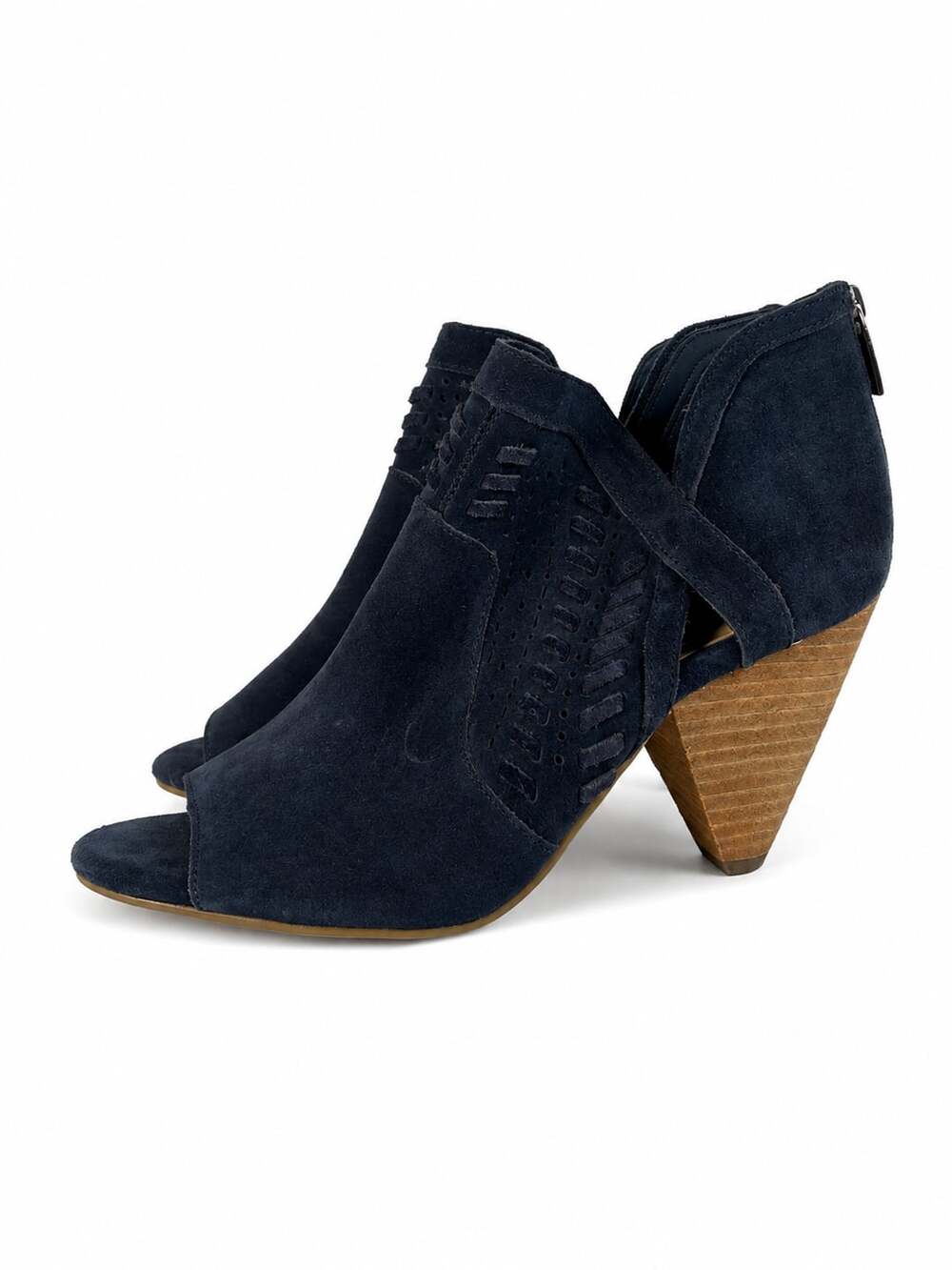 Vince Camuto Ebelin Suede Cone-Heel Shootie Dark Navy Blue Open Toe Booties